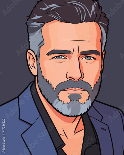 A man with a short gray beard and hair is looking directly at the viewer while wearing a suit jacket over a dark shirt.