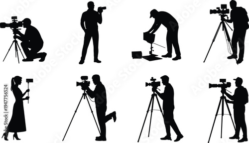 Professional videographer and cameraman silhouettes operating cameras and filming equipment on tripod, media production crew collection isolated on white background for filmmaking, broadcasting,