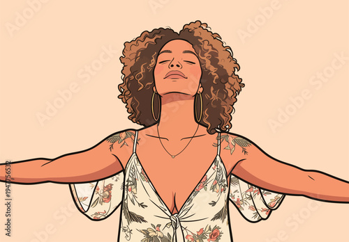 A woman stands with arms extended, embracing the air around her. She has curly hair and floral attire, showing a relaxed vibe.
