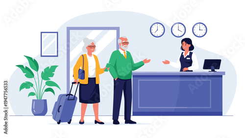 Friendly hotel receptionist greeting a senior couple with a suitcase as they check in at a modern blue lobby desk during their trip.