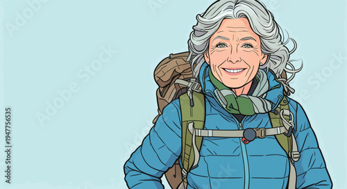 A woman with gray hair stands with a backpack. She wears a blue jacket and a green scarf. Her smile shows happiness and readiness for adventure.