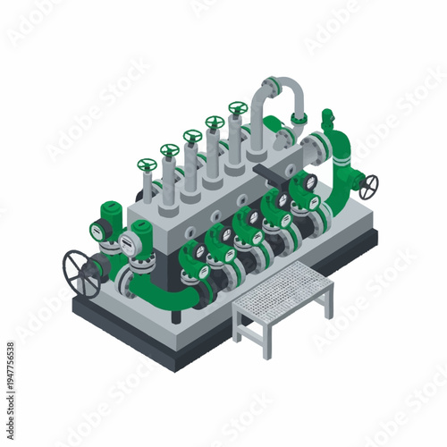 Isometric illustration of industrial machinery with pipes and valves.