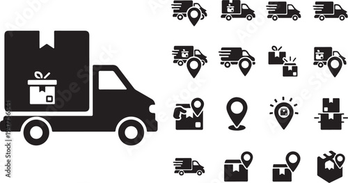 Logistics and delivery icons with truck and map markers