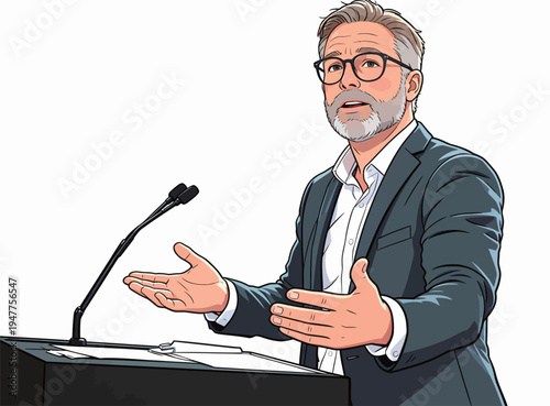 A speaker presents ideas at a podium during a conference. The event takes place in a well-lit space.