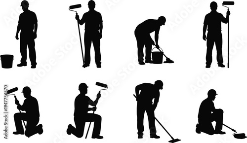 Professional painter worker silhouettes set with paint roller, bucket and tools, house painting service concept, construction worker poses, renovation maintenance,