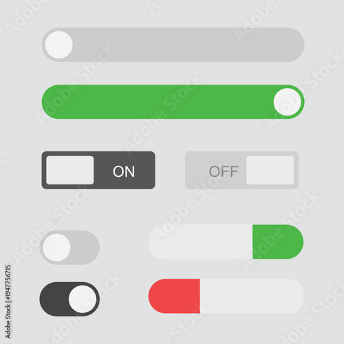 A collection of toggle switches and sliders in various states of activation on a gray background