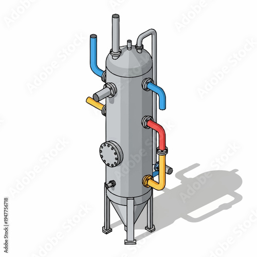 Isometric illustration of a complex industrial distillation column with multiple inlet and outlet pipes, a manhole, and a conical base supported by legs.