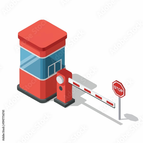 Foto Isometric illustration of a red and blue security booth with a barrier arm and stop sign, representing access control and traffic management