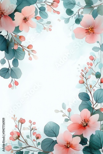 soft watercolor floral border with coral pink blossoms, teal eucalyptus leaves, delicate buds and slender branches framing a serene blank center
