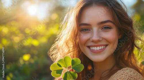 a woman smiling while holding a four-leaf clover during outdoor spring festival, cheerful holiday mood