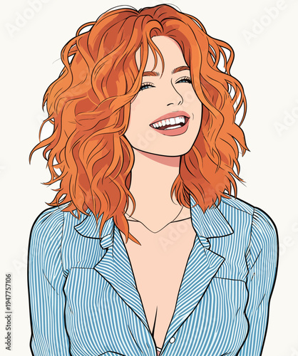 A woman with curly red hair smiles while wearing a blue shirt. She looks cheerful and relaxed in a simple pose.