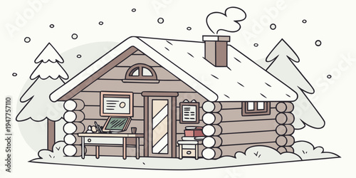 A small log cabin in the snow with a chimney Vector