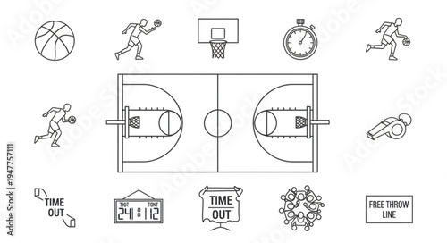 Basketball Game Elements and Court Illustration for Sports Design.