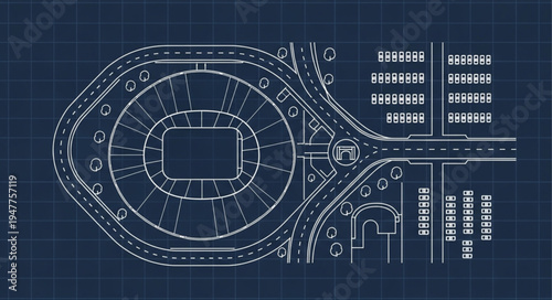 Blueprint of a Sports Stadium and Parking Lot Layout.
