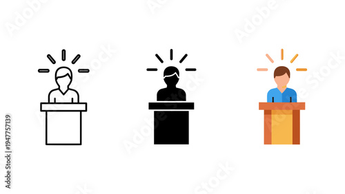 Three diverse speakers giving speeches at podiums with idea lightbulbs vector illustration flat design