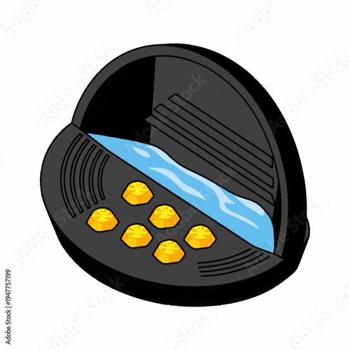 A black gold panning pan filled with water and several nuggets of gold, illustrating the process of gold prospecting.