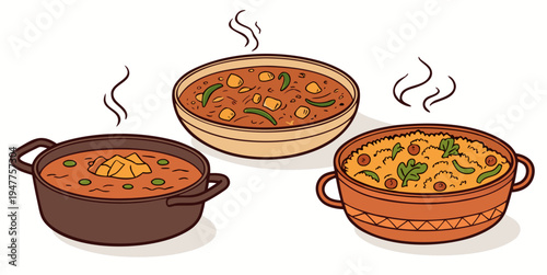 Three pots of food with steam rising Vector
