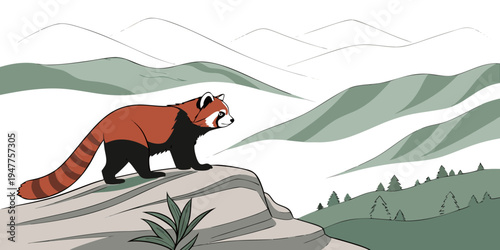 A red panda standing on a rocky outcrop Vector