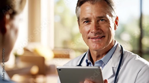 Doctor with patient looking at a tablet in a bright, modern healthcare setting, exuding professionalism and care