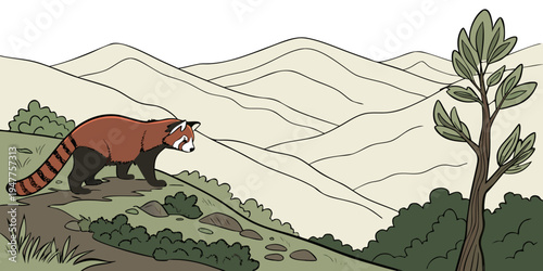 A red panda walks on a grassy hill Vector