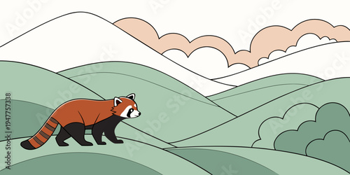 A red panda walking on a green hill Vector