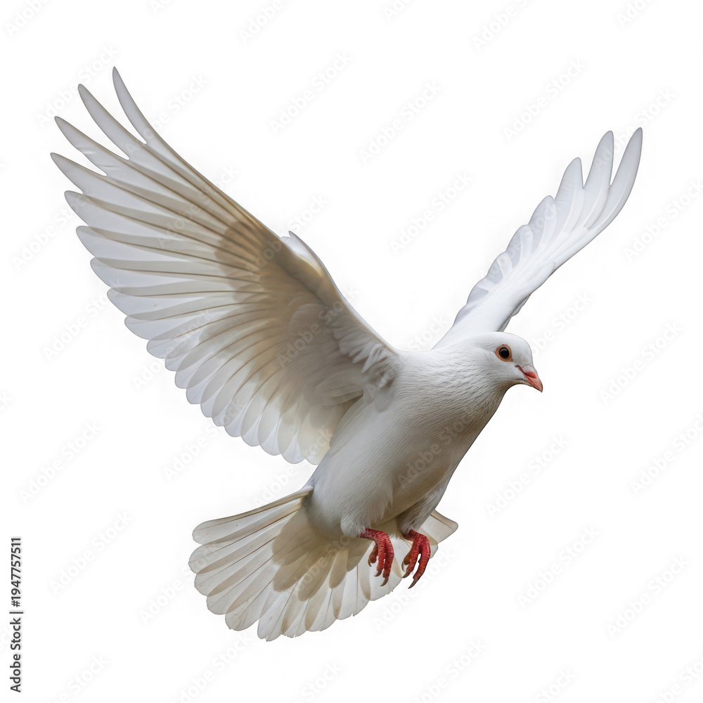 Fototapeta premium A White Dove in Flight with Wings Spread Wide Against a Plain Background isolated on transparent background