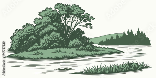 A green island with trees and grass in the water Vector
