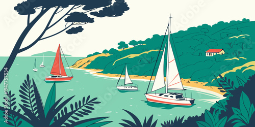 Sailboats on a bay with a tree and greenery Vector