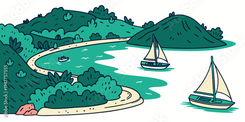 Sailboats on a serene lake surrounded by lush greenery Vector