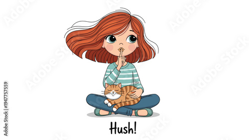 Young girl with red hair sitting cross-legged while holding a finger to her lips and cradling a sleeping ginger cat.
