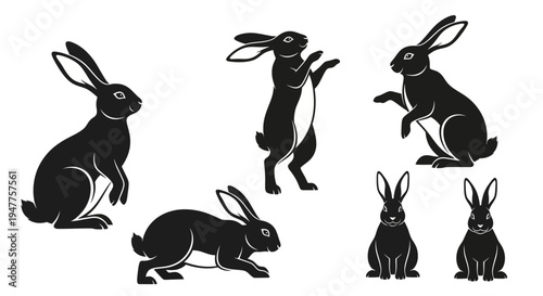 Collection of black rabbit silhouettes in various poses, showcasing their natural behaviors and forms.