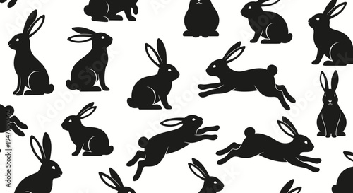 Seamless pattern of black rabbit silhouettes in various poses on a white background.