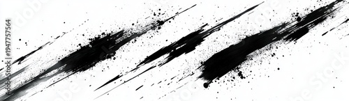 Dynamic diagonal black ink brush strokes and splatters on a white background conveying motion and raw energy