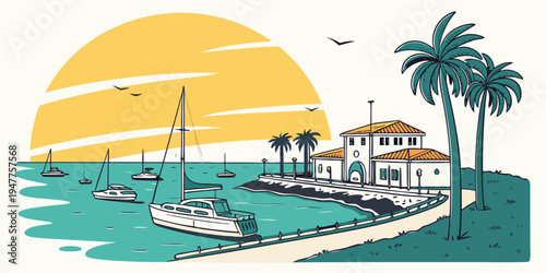 A house on a beach with a dock and palm trees Vector