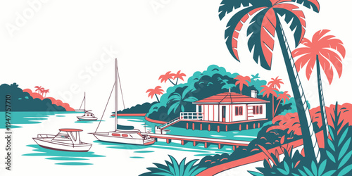 A tropical island scene with a house and boats Vector