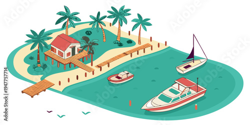 A tropical island with a house and boats Vector