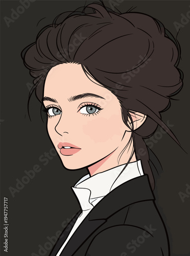 A woman stands with her head turned slightly, showing off her hairstyle and formal outfit in a dark setting.