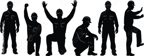 Set of construction worker silhouettes in different poses including kneeling signaling and standing wearing hard hats representing industrial labor safety engineering workforce concept