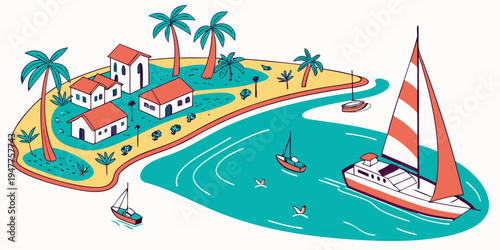 A colorful illustration of a tropical island with a sailboat Vector