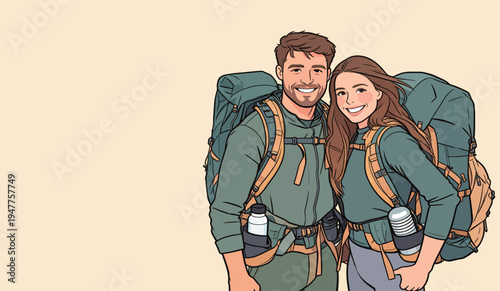A couple stands close together, wearing backpacks, smiling and preparing for an outdoor adventure in nature.