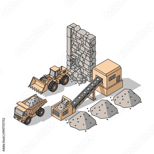 Isometric illustration of a construction site featuring a bulldozer, dump truck, conveyor belt, and piles of rubble, depicting demolition and material processing.