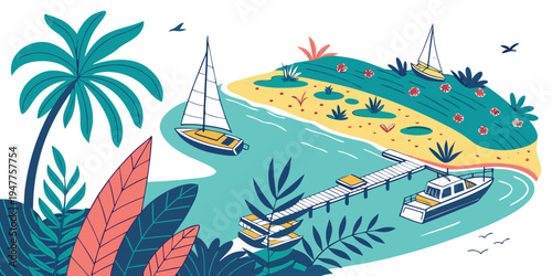 A tropical island with palm trees and boats Vector