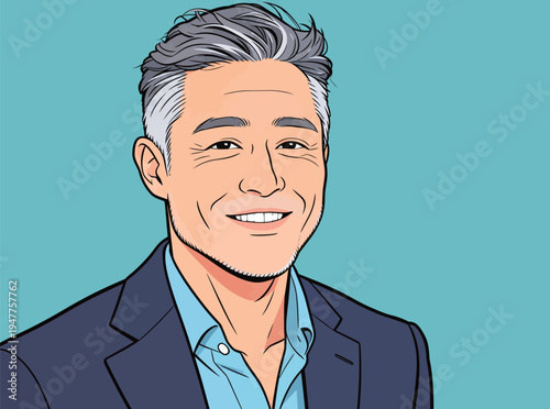 A man stands with a smile, dressed in a blue shirt and a dark suit. The background is light blue. He looks confident and friendly.