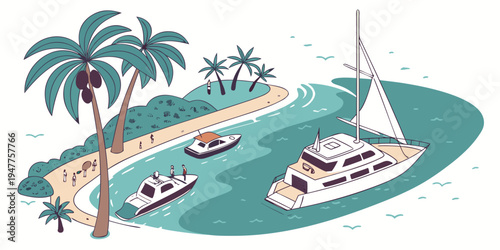 A sailboat and boats near a tropical island Vector
