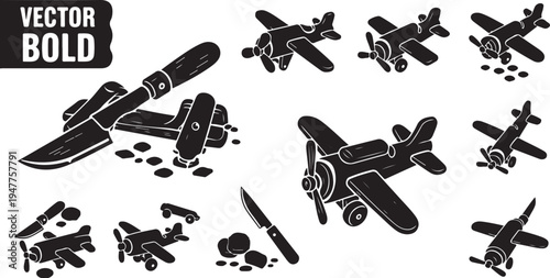 Black and white airplanes with bombs vector illustration set