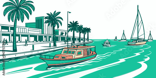 A red boat traveling down a canal with palm trees Vector