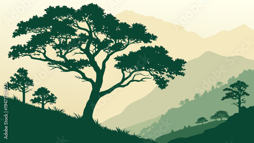 A tree on a hillside with mountains in the background Vector