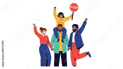 Group of diverse people protesting together with raised fists and a red stop sign to represent social activism and unity.