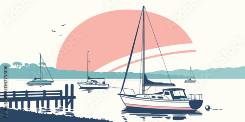 A sailboat sitting on the water with the sun setting behind it Vector