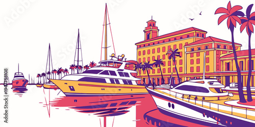 A colorful illustration of boats docked near a large building Vector